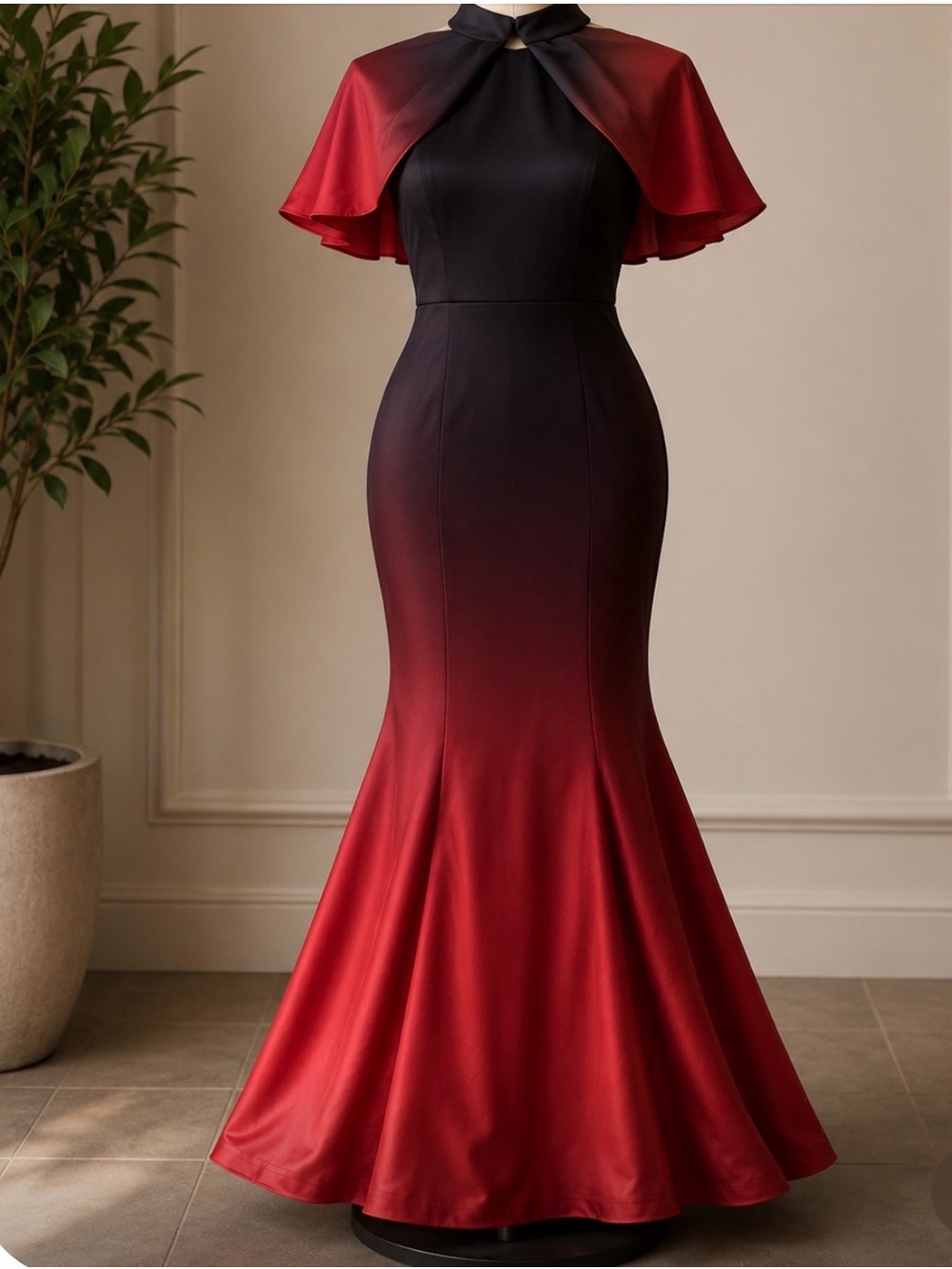 Red to Black Ombre Maxi Dress with Capelet